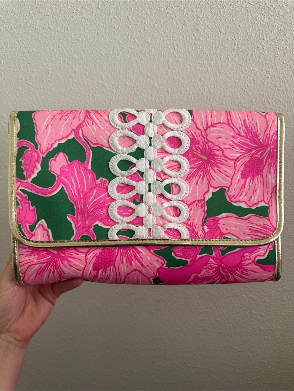 Lilly Pulitzer Pink Floral Clutch with White Trim NWOT